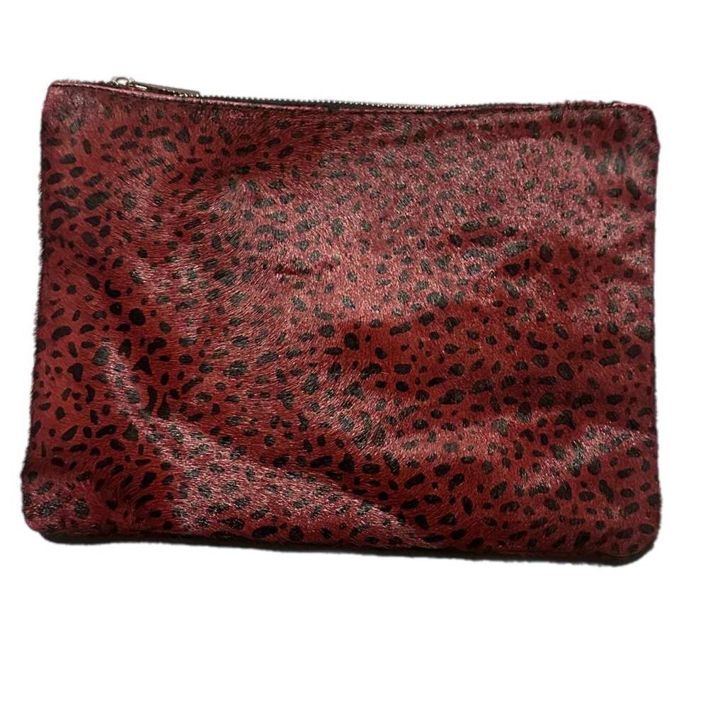 Sole Society "Dolce" genuine calf hair clutch in a deep burgundy animal print